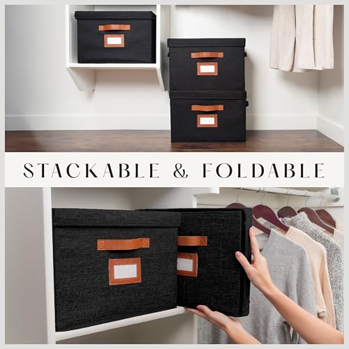 3 Pack Large Fabric Storage Boxes with Lids (15.75" x 11.25" x 11.25") - Decorative Bin with Lid, Label Holder, Faux Leather Handles - Large Storage Boxes for Organizing Clothes, Blankets - Black - color: Black