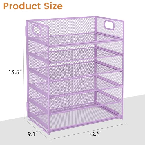 Subekyu 6 Tier Paper File Tray Organizer for Desk, Purple Mesh Desk Letter Paper File Folder Accessories Sorter Organizer with Handle, Stackable Slide Tray for Office, Home or School Supplies Storage - color: Purple