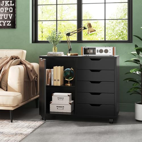 DUMOS 5 Drawer File Cabinet Office Drawers Organizer with Wheels Rolliing, Under Desk Cabinets with Shelves and Door Printer Stand with Wood Board Metal Frame for Home Office Storage Craft Room, Black - color: Black