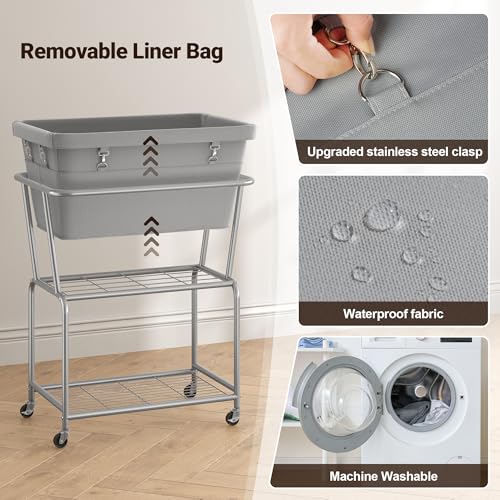 ELYKEN Rolling Laundry Hamper with Wheels, 32-Gallon (122L) Laundry Cart with Removable Bag, 2-Tier Clothes Basket Hamper with Shelf for Closet, Bedroom, Bathroom, Laundry Room, Gray - color: Gray, size: 27.4"L x 19.9"W x 30.9"H