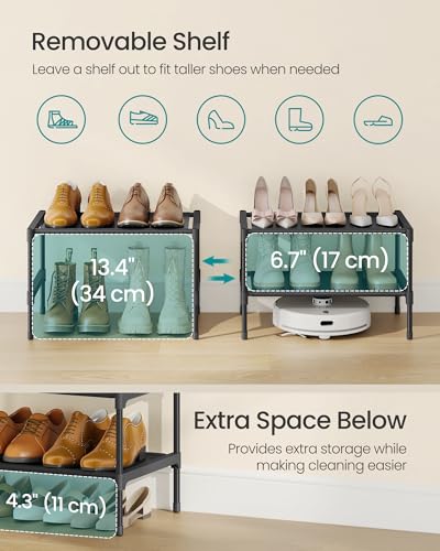 SONGMICS Shoe Rack, 2-Tier Shoe Storage Organizer, Space-Saving, 11.7 x 16.5 x 12.2 Inches, Entryway, Metal Frame, Non-Woven Fabric Shelves, Ink Black ULSH012BH01 - color: Ink Black, size: 2 Tiers (16.5"W)
