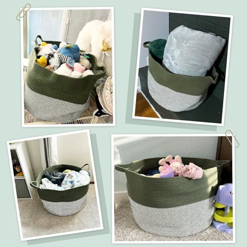 INDRSSME Large Laundry Storage Basket, 21.7 x13. 8 - Decorative Rope Blanket Basket for Organizing Bedroom, Living Room, Nursery, Toy Storage for Colthes Towel, Empty Gift Baskets -Green - color: Green & White, size: 21.7"D x 13.8"H