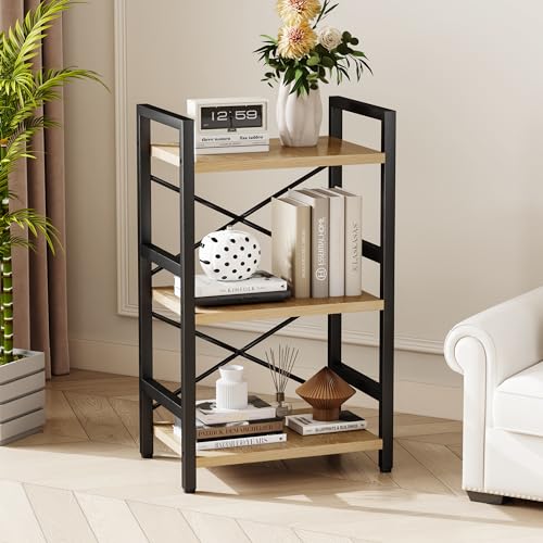 Homeiju Bookshelf, 3 Tier Industrial Bookcase, Metal Small Bookcase, Rustic Etagere Book Shelf Storage Organizer for Living Room, Bedroom, and Home Office(Light Coffee) Patent Pending D29873033 - color: Light Coffee, size: 3 Tier