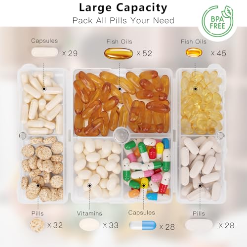 FYY 2 Pcs Daily Pill Organizer, 7 Compartments Portable Pill Case Travel Pill Organizer,[Folding Design] Pill Box for Purse Pocket to Hold Vitamins,Cod Liver Oil,Supplements and Medication-Clear - color: Clear, size: Large (1 Piece), Small (1 Piece)