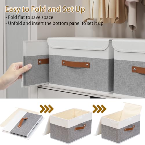 Yawinhe Collapsible Storage Bin, Cube Organizer Basket, Fabric Box with Lids, Washable and Leather Handle, for Home, Closet, White/Grey, 13.0''Lx9.0''Wx7.9''H, 1-Pack, SNK024WGS-1 - color: White/Grey, size: M/(1 Pack)