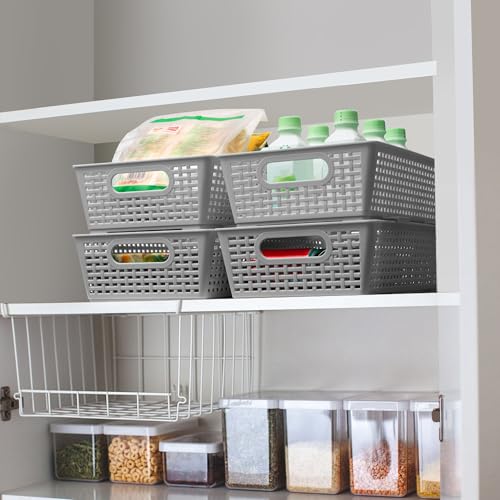 Tiawudi Stackable Woven Plastic Basket, Storage Bins for Cabinet, Closet, Shelf, Under Sink and Countertop, Pantry Organizer Bins, 6 Pack - color: Gray