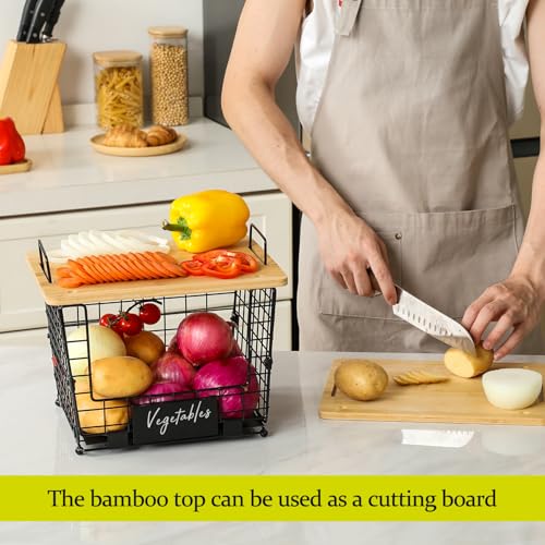 2 Set Large Stackable Wire Basket with Bamboo Tops & Tag- Pantry Organizer and Storage Bins, Kitchen Counter Cabinet Shelf Countertop Under Sink Organizing for Food Snack Produce Onion Potato Bread - size: L