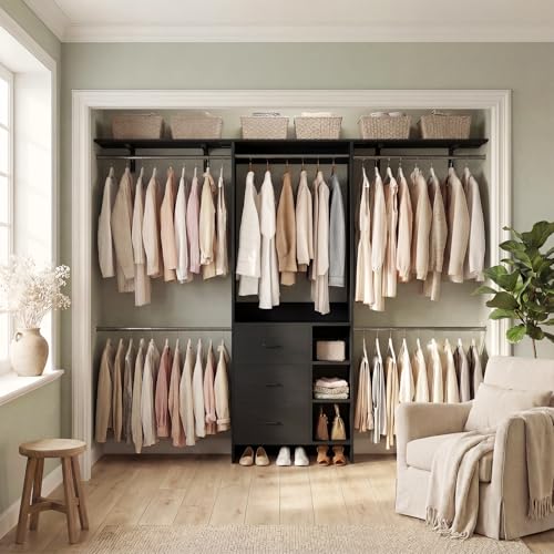 Aheaplus Closet System, Closet Organizer with 3 Wooden Drawers, 8FT Closet Organizer System, 96’’ Walk-in Closet Wardrobe Clothes Rack with Hanging Rods, Adjustable Garment Rack, Fits 5.3-9 ft, Black - color: Black