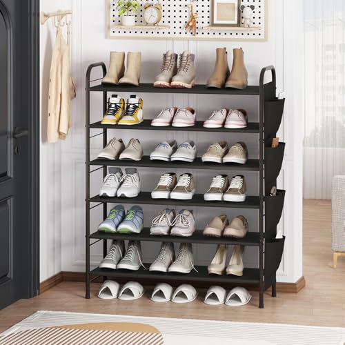 SUOERNUO Shoe Rack Storage Organizer for Entryway Closet Bedroom 6 Tier Free Standing Metal Shoe Shelf Compact Shoe Organizer with Side Bag,Black - color: Black, size: 6 Tier