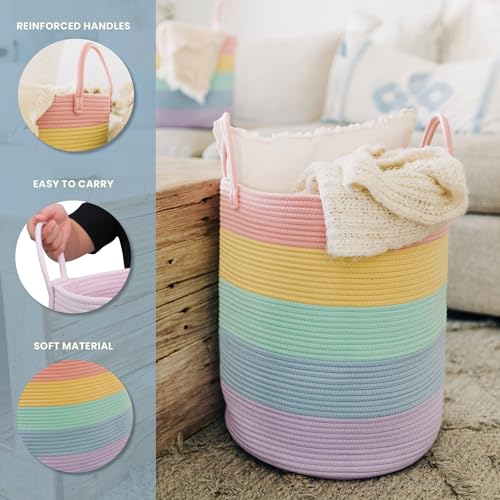 OrganiHaus Large Rainbow Woven Laundry Basket w/Handles 52L, Decorative Toy Storage Bin for Nursery, Colorful Blanket Basket for Playroom, Baby Laundry Hamper, Fun Kids Room Decor Organizer - color: Rainbow Pastel, size: Tall