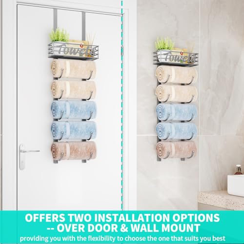 HapiRm Towel Racks for Bathroom Storage - 6 Tier Over The Door & Wall Mount Rolled Towel Storage Organizer Holder with Metal Shelf Basket for Small Bathroom, Camper, Rv - Sliver, Patented - color: Silver, size: 6-Tier