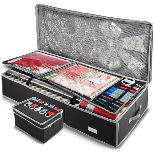 Hearth & Harbor Wrapping Paper Storage Container with Ribbon Storage Organizer - Christmas Storage Bag with Extra Interior Pockets - Gift Wrapping Organizer Storage Fits Up to 26 Rolls of 40" Length - color: Black, size: Large