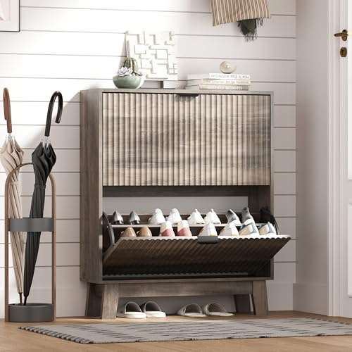 HUANLEGO Shoe Cabinet Storage for Entryway with 2 Flip Drawers, Fluted Narrow Shoe Organizer with Wooden Legs, Freestanding Slim Shoe Storage Hidden Shoe Rack Organizer for Front Door Entrance, Grey - color: Grey, size: 2 Drawer