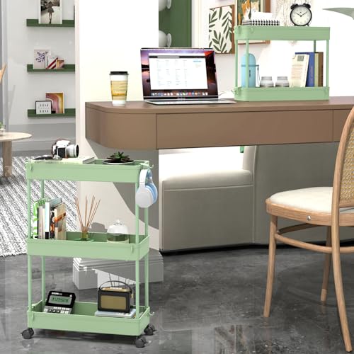 SPACEKEEPER Slim Rolling Storage Cart, 3 Tier Bathroom Organizer Utility Cart Laundry Room Organization Mobile Shelving Unit for Kitchen, Bathroom, Office, Bedroom, Narrow Places, Green - color: Green