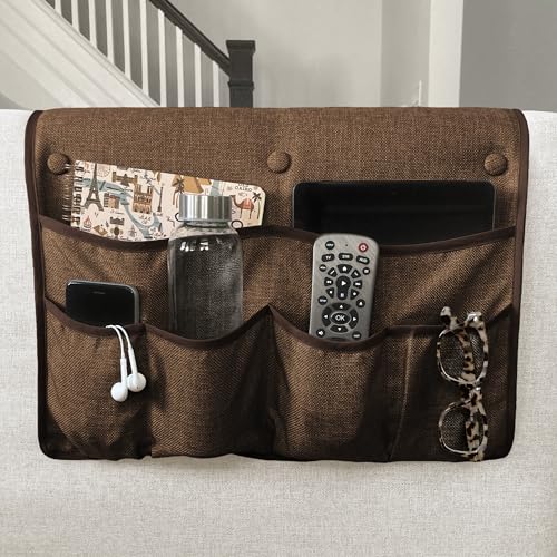 No Tuck Armchair Caddy with Matching Pin Fasteners - 19 x 24 Inches - No Tucking, No Slipping - Armrest Organizer for Recliner and Couch (Brown) - color: Brown