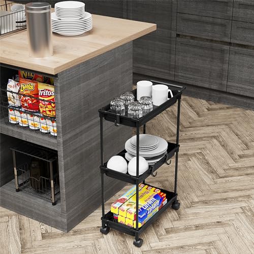 SimpleHouseware Standard 3-Tier Slim Rolling Storage Cart, Black - color: Black
