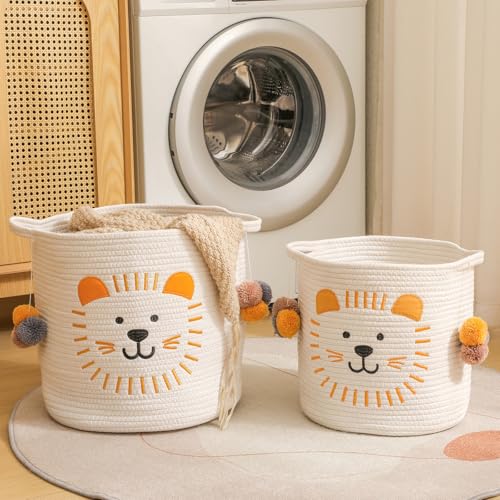 Large Blanket Baskets for Living Room Decor, Toy Storage Baskets Woven Cotton Rope Animal Storage Basket for Kids, Dog Toys Organizer Clothes Hamper with Embroidery Decor for Nursery (Large, Lion) - color: Lion, size: Large