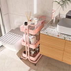3 Tier Rolling Storage Cart, Metal Rolling Utility Cart with Wheels, Multifunctional Sturdy Organizer for Snack Cart, Craft Art Supplies, Kitchen, Bathroom, Office, Nursery Diaper - color: Pink