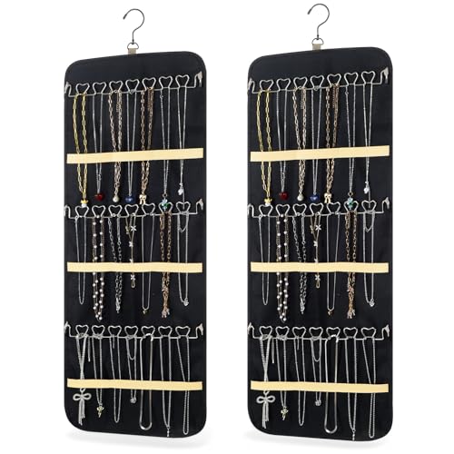 2 Pack Hanging Jewelry Organizer Storage with 48 Pockets and Hooks Dual-Sided Hanging Jewelry Organizers and Storage Hang on Closet, Wall, Door for Earrings, Necklaces, Rings,Blcak