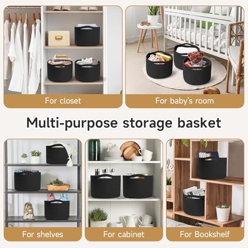 Small Rope Baskets for Storage, Baskets for Gifts Empty, Cute Round Woven Basket, Decorative Shelf Baskets 9.82×9.82×7.1", Cotton Toy Basket Storage Bins for Organizer-Black - color: Black-3PCS