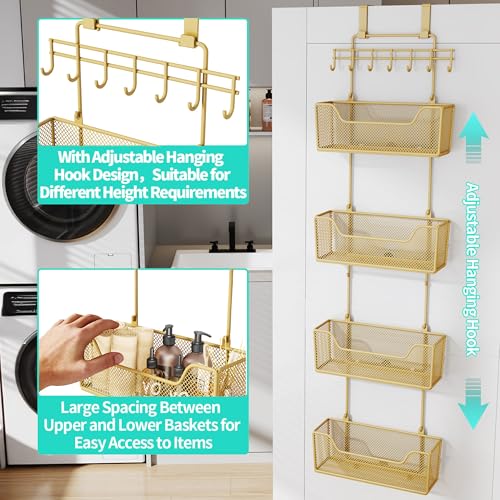HapiRm Over The Door Organizer - Hanging Door Organizer with 4 Metal Large Capacity Baskets and Adjustable Coat Hook for Bathroom Bedroom Kitchen Pantry Closet Cabinet - color: Gold