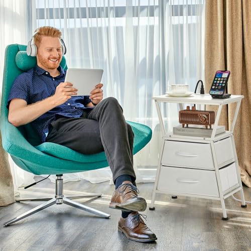Nightstand with Charging Station, Side Tables for Bedroom with Built-in USB Side Table with 2 USB Ports and Outlets Nightstand with Cloth Drawer End Tables Living Room Sofa Couch - color: White With Socket
