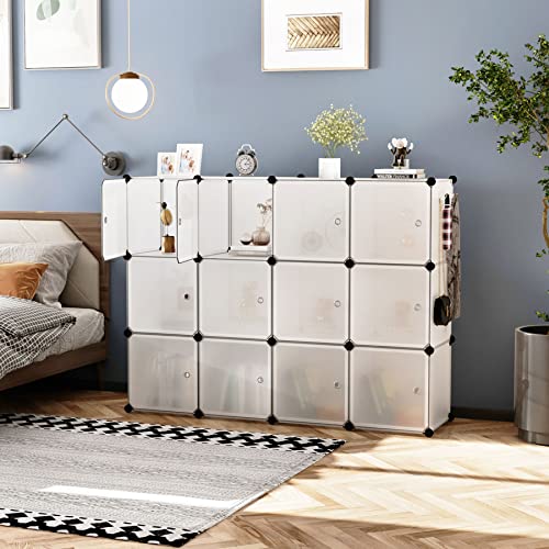 C&AHOME Cube Storage Organizer with Doors, 12-Cube Shelves, Closet Cabinet, DIY Plastic Modular Bookshelf Ideal for Bedroom, Living Room, 36.6”L x 12.4”W x 48.4”H Transparent White USHS3012W-DOOR - color: Transparent White