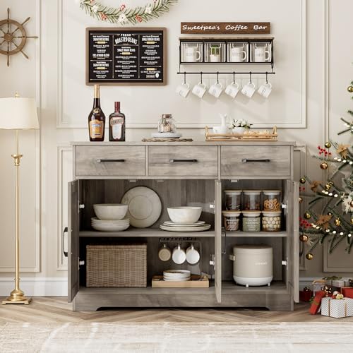 HOSTACK Modern Farmhouse Buffet Sideboard Cabinet, Barn Doors Storage Cabinet with Drawers and Shelves, Wood Coffee Bar with Storage for Dining Room, Kitchen, Living Room, Ash Grey - color: Ash Grey