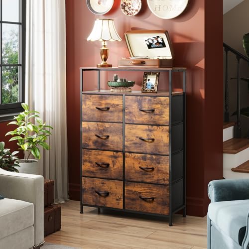 WLIVE Fabric Dresser for Bedroom with Open Shelves, Tall Dresser with 8 Drawers, Storage Tower with Fabric Bins, Chest of Drawers for Closet, Hallway, Rustic Brown Wood Grain Print - color: Rustic Brown Wood Grain Print, style: Raised Shelves