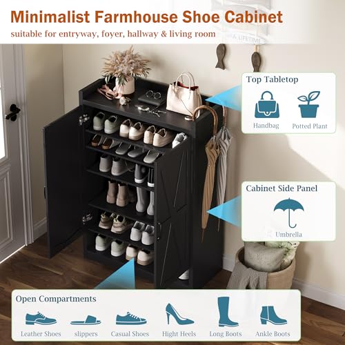 BINGTOO 45" Tall Farmhouse Shoe Storage Cabinet with Doors, Large Shoe Organizer with 4 Adjustable Shelves, Extra Deep Wooden Shoe Rack for Entryway, Foyer, Hallway (Black, 2 Cabinets) - color: Black, size: 2 Cabinets