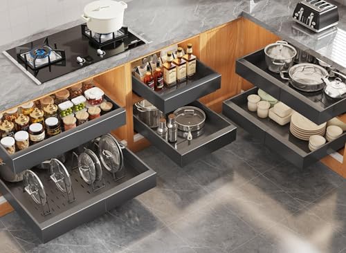 Seinloes 6Pack Expandable Pull Out Cabinet Organizer 21"Deep with Raising Pad for Framed Cabinets,Slide Out Drawers with 4pcs Divider Racks,Roll Out Shelves Adhesive,Adjustable Width 12.05"-20.4"Black - color: Black, size: 21"D x 12.05"-20.4"W(6Pack)