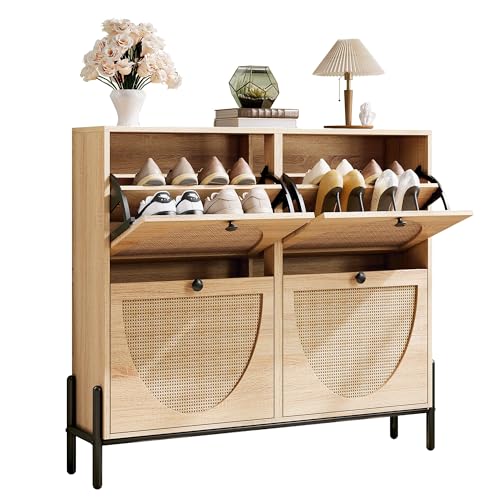 IRONCK Rattan Shoe Cabinet Storage with 4 Flip Drawers, Freestanding Shoe Storage Organizer Cabinet for Entryway, Narrow Shoe Rack Cabinet, Oak - color: Oak