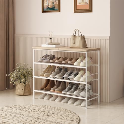 SUOERNUO Shoe Rack Organizer 4 Tier for Closet Entryway Free Standing Metal Storage Shoe Shelf with MDF Top Board，White+Oak - color: White+oak, size: Standard 4 Tier