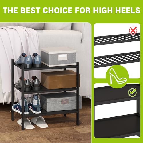 BMOSU 3-Tier Bamboo Small Shoe Rack Premium Stackable Shoe Shelf Storage Organizer for Hallway Closet Living Room Entryway Organizer(Black) - color: Black, size: Small-3-Tier（17*11*18.3inches）