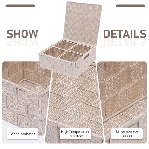 Storage Bins Woven Organizer with Lids Set of 8 – Polypropylene Storage Baskets with Metal Frame, Stackable Fabric Boxes for Drawers, Closet, Shelf, Nursery and Office, Beige - color: Beige, size: 8PCS-with lid