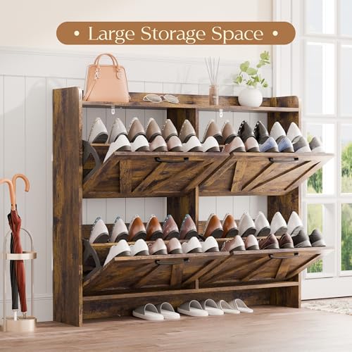 MU Shoe Storage Cabinet with 4 Flip Drawers, Freestanding Shoe Cabinet, Shoe Organizer with Wood Legs for Entryway, Slim Shoe Cabinet, Rustic - color: Rustic Brown, size: 4 Drawers