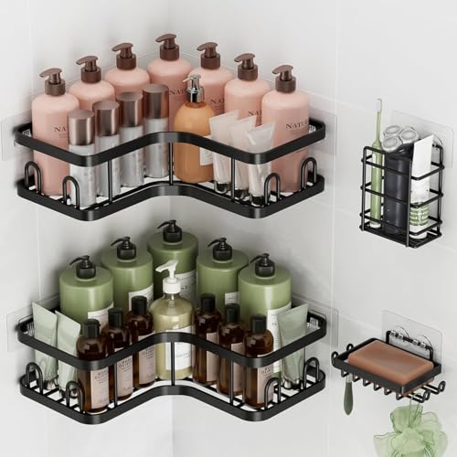 Veken Corner Shower Caddy 4-Pack, Advanced Rustproof Design, No Drilling Adhesive Shelves, Rack with Soap Holder, Large Capacity Bathroom Organizers and Storage, Wall-Mounted Kitchen&Home Decor,Black - color: Black, size: 4-Piece Set(2 Large+2 Small)