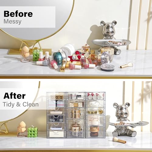 Prsildan Acrylic Drawer Organizer with 15 Drawers, Makeup Craft Office Desk Organizers Accessories, Set of 3 Clear Stackable Storage Drawers for Vanity, Countertop, Jewelry, Art Supply Organization - style: 15 Drawers