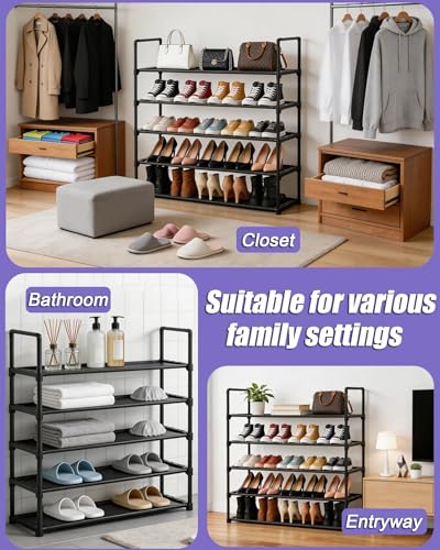5 Tier Shoe Rack Large Capacity, 34.3" Wide Adjustable Shoe Organizer for 20-25 Pairs, Sturdy Non-Woven Shoe Rack Shelf Multi-Purpose Storage Unit for Closet, Hallway, Entryway,Garage,Black - size: 5-Tier(Black)-34.3"W