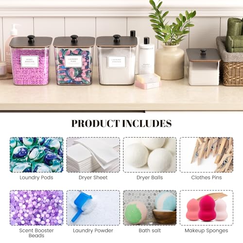 Laundry Pods Storage Container, Clear Laundry Room Organization and Storage,Detergent Powder Container,with Wooden Lids & Labels, 3+1 Pack（Black） - style: 3+1-Black