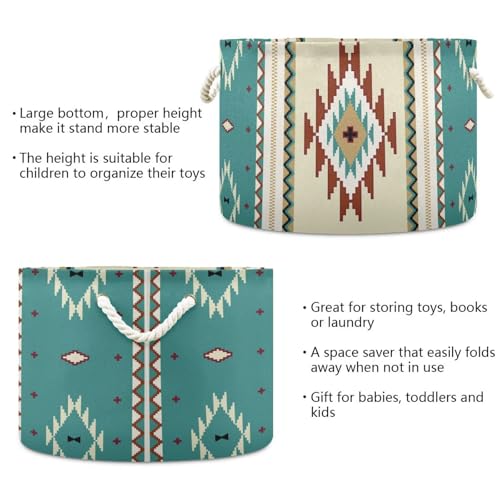 Teal Ethnic Aztec Print Round Storage Basket Retro Tribal Navajo Geometric Large Laundry Hamper 20 x 20 x 14 Inches Organizer Bin with Handles Clothes Storage Bag for Nursery Bedroom Living Room Decor - color: Teal