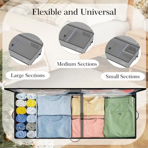 GoMaihe Under Bed Storage with Wheels: 70L Rolling Bins for Wrapping Paper Storage, Toys, Clothes - Includes Mesh Bag & Adjustable Dividers, Metal Frame Easy Pull-out Grey 1-Pack - color: Grey