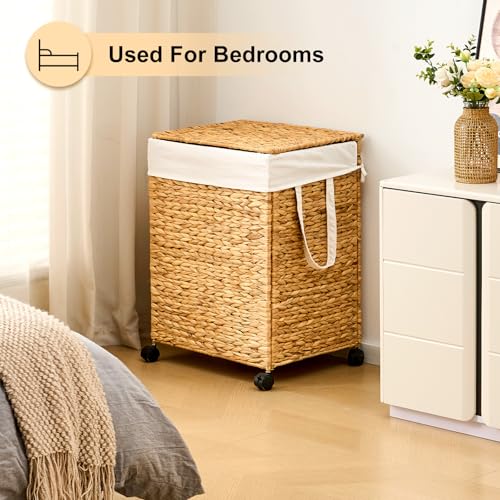 Rolling Laundry Hamper with Lid, Natural Water Hyacinth Basket with Removable Liner, Wheel or Non-Slip Installation Laundry Basket for Home Use (Natural, 100L) - color: Natural, size: 100L
