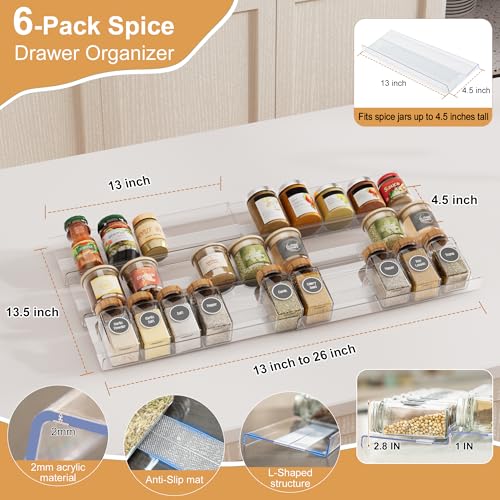 Expandable Spice Drawer Organizer Insert, 6-Pack Kitchen Adjustable Seasoning Rack Tray (13" to 26"), Clear Acrylic with Anti-Slip Mat, for Cabinet Countertop (Jars Not Included) - size: 6-Pack