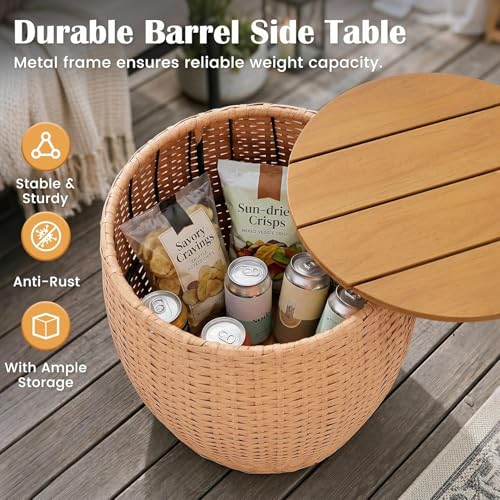 Sundale Outdoor Side Table Set of 2, Wicker Round Patio Barrel Side Tables with Storage Basket, Rattan End Table for Patio, Porch, Poolside, Garden Stool, Lounge Chair