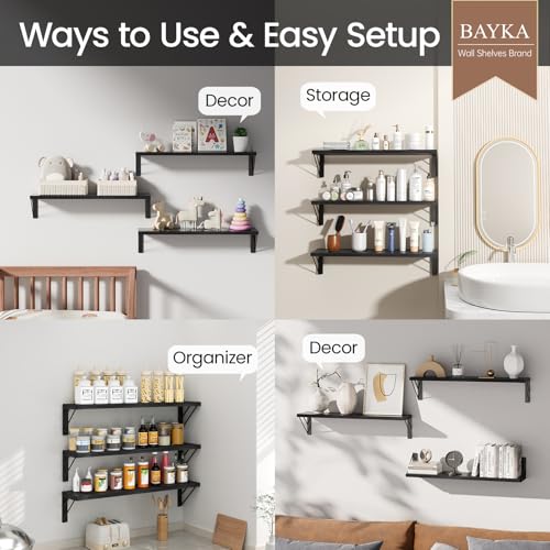 BAYKA Wall Mounted Floating Shelves, Wood Floating Wall Shelf for Books & Decor, Small Space-Saving Display & Organizer（Black，23in，Set of 3） - color: A. Black Board & Black Brackets, size: 23-inch Standard