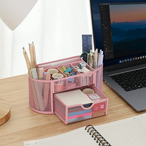 EOOUT Pink Desk Organizer, Pen Holder for Desk and Accessories, Mesh Desk Organizer with 8 Compartments and 1 Drawer for Office Home School Classroom - color: Pink