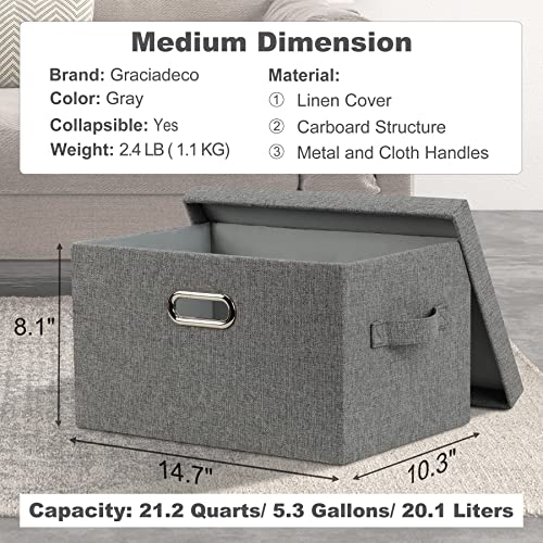 Graciadeco Medium 15" 21 Quart Collapsible Stackable Storage Bins with Lids, 5 Packs Grey Foldable Fabric Closet Boxes Heavy-duty Linen Cube Baskets Container for Bedroom Office (15 x 11 x 8) - color: Gray1, size: Medium -5 Pack