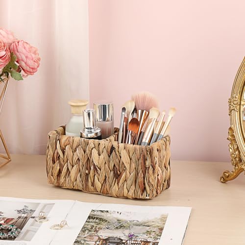 BTSKY Handwoven Remote Control Holder for Table, Natural Water Hyacinth Remote Organizer Caddy Small Wicker Storage Basket, 2-Compartment Office Supplies Desk Organizer Rustic Makeup Brushes Holder - size: 2-Slot