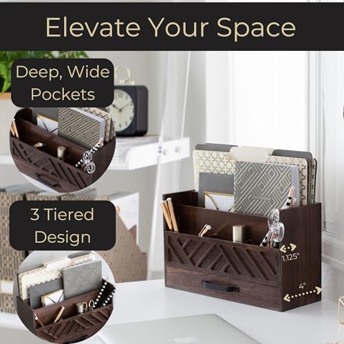 BLU MONACO | Wooden Mail Organizer with Drawer and Compartments | Mail Sorter Organizer Countertop for Desk Entryway | Outgoing Mail Holder Wood Desktop File Storage - color: Brown